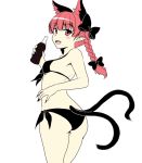  1girl animal_ears ass bikini blush bow braid cat_ears cat_tail fang gomi_(gomitin) hair_bow kaenbyou_rin long_hair multiple_tails red_eyes redhead simple_background solo swimsuit tail touhou twin_braids two_tails white_background 