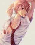  1boy :p ailm free! male necktie open_clothes open_shirt pink_hair school_uniform shigino_kisumi short_hair smile solo tongue tongue_out violet_eyes 