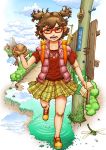  1girl bag bookbag brown_eyes clouds dragonfly glasses hair_bobbles hair_ornament highres original puddle reflection shoes short_hair short_twintails skirt snail telephone_pole tenji_sanmon toad_(animal) translation_request twintails 