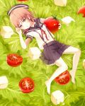  1girl barefoot boyano brown_eyes brown_hair food in_food looking_at_viewer lying on_back open_mouth original salad school_uniform serafuku skirt tomato uniform 