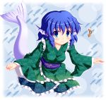  1girl blue_eyes blue_hair fish frilled_kimono frills head_fins japanese_clothes kimono mermaid monster_girl musical_note nanaoto_(lycia) smile touhou wakasagihime wide_sleeves 