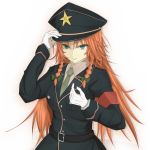  1girl alternate_costume aqua_eyes belt blouse blue_clothes braid colored_eyelashes gloves hair_ribbon hong_meiling jacket long_hair military military_cap military_uniform necktie north redhead ribbon smile solo star touhou tress_ribbon twin_braids uniform white_gloves 