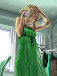  1girl bare_shoulders blonde_hair cellphone cigarette clothes_rack dress eyelashes green_dress hand_in_hair highres l.g_(greenforce1) lips lipstick long_hair makeup messy_hair nose one_eye_closed original phone red_eyes smartphone smoking solo spaghetti_strap 