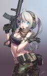  1girl ahoge aqua_eyes ar-15 assault_rifle breasts camouflage_pants cleavage gloves gun headphones headset holster knife kws military open_mouth original ponytail rifle scarf silver_hair solo sports_bra thigh_holster trigger_discipline twisted_torso vertical_foregrip weapon 