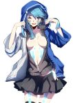  1girl aki663 blue_eyes blue_hair blush bodypaint breasts cleavage ene_(kagerou_project) facial_mark headphones highres hoodie jacket kagerou_project long_hair navel no_bra one_eye_closed open_clothes open_jacket open_mouth skirt smile 