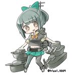  1girl bow brown_eyes cannon chibi crop_top green_hair hair_ribbon hisui_(kimochi) kantai_collection long_hair machinery open_mouth pantyhose ponytail ribbon skirt smile solo yuubari_(kantai_collection) 