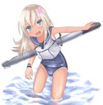  1girl baram blonde_hair blue_eyes bracelet crop_top flower hair_flower hair_ornament jewelry kantai_collection long_hair one-piece_tan open_mouth partially_submerged ro-500_(kantai_collection) school_swimsuit school_uniform serafuku smile solo swimsuit tan tanline torpedo u-511_(kantai_collection) water 