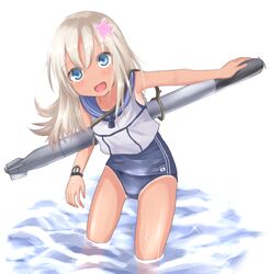  1girl baram blonde_hair blue_eyes bracelet crop_top flower hair_flower hair_ornament jewelry kantai_collection long_hair one-piece_tan open_mouth partially_submerged ro-500_(kantai_collection) school_swimsuit school_uniform serafuku smile solo swimsuit tan tanline torpedo u-511_(kantai_collection) water 