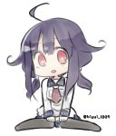  1girl ahoge blue_hair chibi hisui_(kimochi) kantai_collection long_hair looking_at_viewer low_twintails neckerchief open_mouth red_eyes school_uniform serafuku sitting skirt solo taigei_(kantai_collection) twintails wariza whakle 