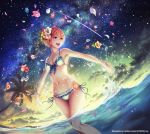  1girl anbe_yoshirou armpits bikini bow flower frilled_bikini frilled_swimsuit frills hair_flower hair_ornament navel ocean orange_hair original outstretched_arms palm_tree partially_submerged petals short_hair side-tie_bikini sky smile solo splashing star_(sky) starry_sky swimsuit tree violet_eyes wading water water_drop 
