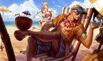  1boy 2girls abs artist_request balancing bald ball beach beach_umbrella beachball bikini chin_stroking coconut couple dark_skin drink facial_hair flower_wreath foot_hold goatee hair_bun hawaiian_shirt hetero highres league_of_legends lee_sin multiple_girls muscle nidalee ocean official_art open_clothes open_shirt orianna_reveck robot sandals severed_torso shorts sitting summer sunglasses swimsuit toes visor_cap 