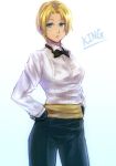  1girl blonde_hair blue_eyes bowtie character_name earrings fingerless_gloves gloves hands_on_hips inaba-no-kuni-tottori jewelry king_(snk) king_of_fighters pants sash shirt short_hair solo standing 