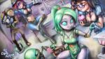  apron between_breasts blitzcrank blue_eyes breasts caitlyn_(league_of_legends) cleavage convenience_store cupcake gauntlets hat highres league_of_legends long_hair multiple_girls orianna_reveck phantom_ix_row pink_hair police police_uniform robot shop short_hair sunglasses translation_request uniform vi_(league_of_legends) 