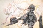  1girl adjusting_collar bangs bow_(weapon) boyogo collar crossbow dated fire headband high_collar highres holding kantai_collection machinery monochrome red_eyes short_hair skirt solo taihou_(kantai_collection) thigh-highs twitter_username watermark weapon zettai_ryouiki 