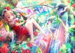  1girl bare_legs barefoot bird blonde_hair flandre_scarlet flower hat red_eyes riichu rose sitting solo stairs touhou wings wrist_cuffs 