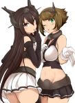  2girls bare_shoulders black_hair blush breasts brown_hair elbow_gloves fingerless_gloves gloves green_eyes hairband headgear kantai_collection long_hair looking_at_viewer midriff multiple_girls mutsu_(kantai_collection) nagato_(kantai_collection) navel omuraisu_echizen one_eye_closed open_mouth red_eyes short_hair skirt thigh-highs 