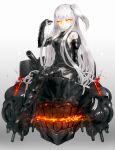  1girl aircraft_carrier_oni armor breasts gauntlets glowing glowing_eyes kantai_collection kfr long_hair looking_at_viewer no_pupils pale_skin shinkaisei-kan side_ponytail sideboob sitting solo very_long_hair yellow_eyes 