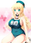  1girl atago_(kantai_collection) blonde_hair breasts competition_school_swimsuit green_eyes hat kantai_collection large_breasts long_hair name_tag one-piece_swimsuit open_mouth school_swimsuit seiza sideboob sitting smile solo swimsuit tekehiro very_long_hair 