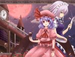  2girls :d ascot bat bat_wings braid clock clock_tower dress frilled_dress frills full_moon grey_eyes hakuto_(28syuku) izayoi_sakuya knife lavender_hair maid maid_headdress mob_cap moon multiple_girls night open_mouth puffy_short_sleeves puffy_sleeves red_eyes red_moon remilia_scarlet scarlet_devil_mansion short_hair short_sleeves silver_hair smile touhou tower twin_braids wings wrist_cuffs 