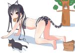  2girls all_fours animal_ears bikini black_hair brown_eyes cat cat_ears cat_tail food hirasawa_yui k-on! long_hair mouth_hold multiple_girls nakano_azusa swimsuit tail taiyaki tateshina tree twintails wagashi 