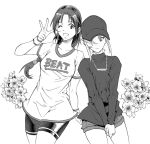  2girls ;) baseball_cap bike_shorts braid breasts casual character_request flat_chest flower greyscale hair_over_one_eye hat jewelry king_of_fighters monochrome multiple_girls necklace one_eye_closed pearl_necklace saturn-freak shorts single_braid smile sweater t-shirt v v_arms wristband yuri_sakazaki 