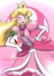 1girl ;) blonde_hair blue_eyes blush crown daniel_macgregor dress earrings elbow_gloves gloves hand_on_hip jewelry leaning_forward lips long_hair nintendo one_eye_closed princess_peach puffy_short_sleeves puffy_sleeves short_sleeves smile solo super_mario_bros. super_smash_bros. turnip white_gloves