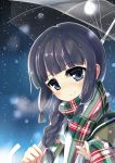  1girl black_hair blue_eyes braid highres kantai_collection kitakami_(kantai_collection) long_hair looking_at_viewer scarf smile snowing solo soramuko transparent_umbrella umbrella 