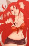  1girl armpits bare_shoulders breasts cleavage fairy_tail flare_corona front-tie_top hands_in_hair large_breasts long_hair midriff navel red_eyes redhead short_shorts shorts solo tattooed_breast very_long_hair whistle_frog wide_hips 