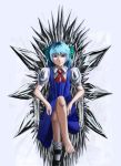  1girl barefoot blue_eyes blue_hair bow cirno crossed_legs dress hair_bow highres ice mmm_(mikito) puffy_short_sleeves puffy_sleeves short_hair short_sleeves single_shoe smile throne touhou 