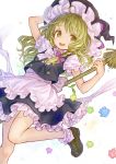  1girl ama-tou apron blonde_hair braid broom candy flower frills hand_on_headwear hat highres kirisame_marisa konpeitou loafers open_mouth shirt shoes short_sleeves single_braid skirt skirt_set smile solo touhou vest waist_apron witch_hat yellow_eyes 