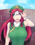 1girl bangs beret blue_eyes blue_sky braid brick_wall buttons drooling fingernails hat highres hong_meiling large_breasts ldl_(bcw1025) long_hair one_eye_covered open_mouth outdoors parted_bangs redhead sky sleep_mask sleeveless solo star touhou twin_braids wrist_cuffs 