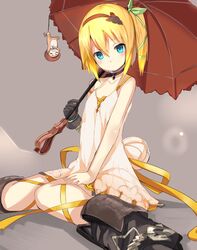  1girl absurdres bent_knees blonde_hair blush boots dress edna_(tales) gloves haik hairband highres holding looking_at_viewer ribbon short_hair sitting small_breasts solo tales_of_(series) tales_of_zestiria umbrella wariza 