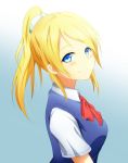 1girl ayase_eli blonde_hair blue_eyes bow bust gradient gradient_background looking_at_viewer love_live!_school_idol_project mu-chu ponytail school_uniform smile solo 