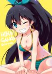 1girl ;d bikini black_hair blue_eyes blush body_blush breasts character_name cleavage clenched_teeth earrings ganaha_hibiki idolmaster jewelry long_hair looking_at_viewer navel one_eye_closed open_mouth ponytail sagamihara_sakyou smile solo striped striped_bikini striped_swimsuit swimsuit twitter_username very_long_hair yellow_background 