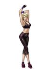  1girl alternate_costume arms_up blonde_hair breasts capri_pants crossed_legs full_body king_(snk) king_of_fighters leon_(s-damianvencedor) lips midriff navel pants shoes short_hair sideboob sneakers solo sports_bra standing white_background wristband 