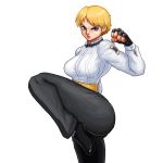  1girl blonde_hair blue_eyes boongari bowtie breasts clenched_hand fingerless_gloves gloves king_(snk) king_of_fighters large_breasts lips nose pants ryuuko_no_ken sash serious shirt short_hair solo standing_on_one_leg white_background 
