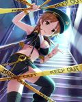  1girl artist_request bracelet breasts brown_eyes brown_hair bustier caution_tape cleavage cropped_vest cuffs earrings handcuffs hat idolmaster idolmaster_cinderella_girls jewelry katagiri_sanae keep_out midriff navel official_art parted_lips pointing smile stairs thigh-highs 