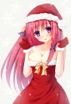  1girl :d breasts cleavage gloves hair_ornament hair_ribbon hat long_hair looking_at_viewer miko_92 open_mouth original red_gloves redhead ribbon santa_hat smile snowing solo tagme violet_eyes 