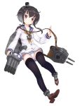  1girl anchor black_hair black_legwear brown_eyes cannon hairband headgear high_heels highres kantai_collection long_sleeves moutama open_mouth panties sailor_collar sailor_dress school_uniform short_hair short_hair_with_long_locks smile solo thigh-highs tied_shirt tokitsukaze_(kantai_collection) torpedo turret underwear white_panties 