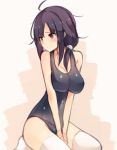  1girl alternate_costume blush breasts highres kantai_collection large_breasts long_hair purple_hair red_eyes school_swimsuit shuuichi sitting solo swimsuit taigei_(kantai_collection) thigh-highs v_arms 