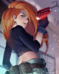  1girl artist_name black_gloves blurry character_name depth_of_field disney fanny_pack from_behind glint gloves grappling_hook green_eyes kawacy kim_possible kimberly_ann_possible lipstick long_hair looking_at_viewer looking_back makeup orange_hair raglan_sleeves smile solo 