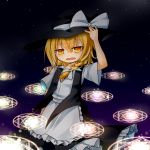  :d apron blonde_hair braid fang frilled_skirt frills hat highres kirisame_marisa magic_circle mare_(shiori_3021) open_mouth shirt short_sleeves side_braid skirt sky smile star_(sky) starry_sky touhou vest witch_hat yellow_eyes 