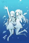  2girls aki_(neyuki41028) hiradaira_chisaki long_hair monochrome mukaido_manaka multiple_girls nagi_no_asukara school_uniform serafuku side_ponytail underwater waving 