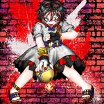  1girl :d belt bomb bracelet brick_wall directional_arrow dress embellished_costume fangs highres horns impossible_spell_card jewelry kijin_seija multicolored_hair open_mouth red_eyes sandals short_hair short_sleeves smile tamanegi_tarou thumbs_down tongue tongue_out touhou wall 