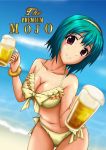  1girl 2girls alcohol bangle beer beer_mug bikini bracelet breasts cleavage frilled_bikini frills front-tie_top green_hair hairband idolmaster jewelry looking_at_viewer multiple_girls navel otonashi_kotori red_eyes shiny shiny_skin short_hair shuura side-tie_bikini smile swimsuit 