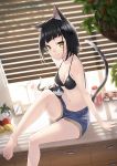  1girl animal_ears arm_support barefoot bikini_top black_hair breasts cat cat_ears cat_tail cleavage kyon_(fuuran) legs navel original short_hair shorts smile solo tail yellow_eyes 