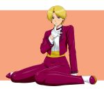  1girl blonde_hair blue_eyes blush bowtie cropped_jacket earrings glove_pull gloves jewelry king_(snk) king_of_fighters makani_kohitujito mouth_pull pants reverse_trap sash short_hair sitting solo wariza white_gloves 
