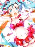  1girl aqua_eyes aqua_hair blueberry food fruit hatsune_miku leg_garter long_hair navel open_mouth outstretched_arms pancake skirt solo soramu spread_arms strawberry tattoo thigh-highs twintails very_long_hair vocaloid 
