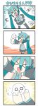  &gt;_&lt; 1girl 4koma :d aqua_hair carrying chibi_miku comic commentary detached_sleeves dog hamo_(dog) hands_on_hips hatsune_miku headphones long_hair minami_(colorful_palette) necktie o_o open_mouth skirt smile thigh-highs translated twintails very_long_hair vocaloid xd 