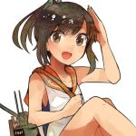  1girl bare_shoulders brown_eyes brown_hair i-401_(kantai_collection) itomugi-kun kantai_collection one-piece_swimsuit open_mouth ponytail sailor_collar salute school_swimsuit school_uniform short_hair short_ponytail smile solo swimsuit 